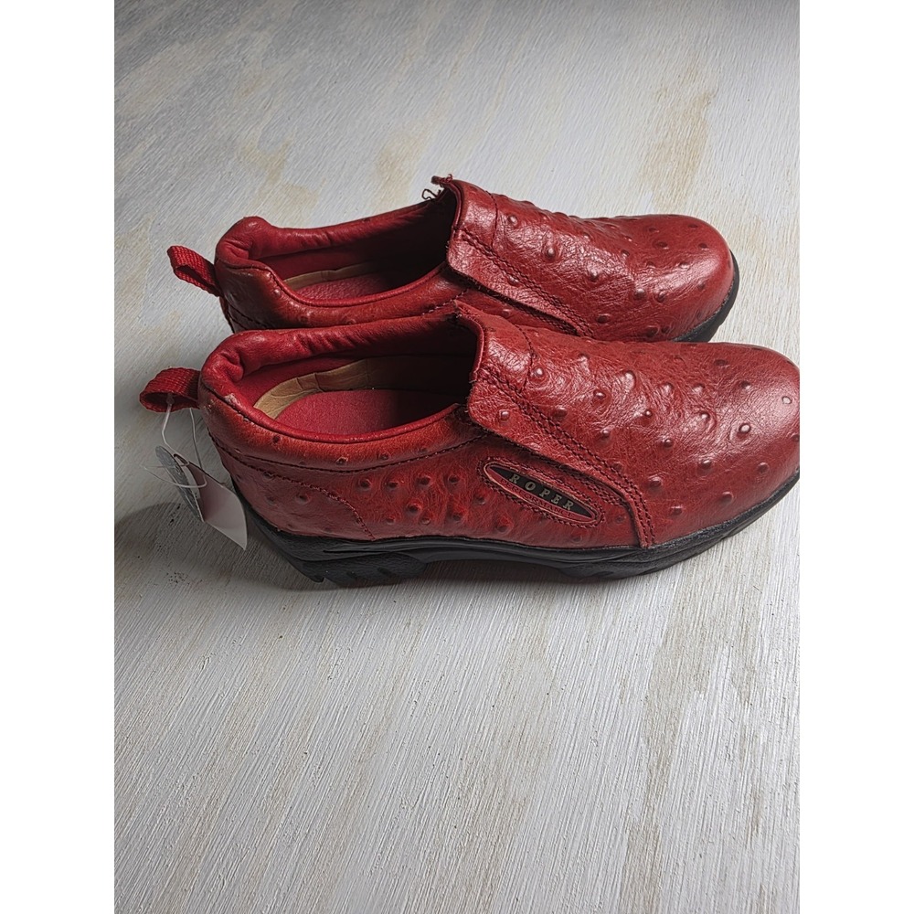 Roper Red Leather Ostrich Kids Shoes Size 2 Western Slip-on Moc NWT